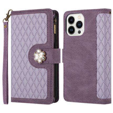 Purple quilted phone case with wrist strap.