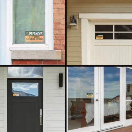 Security system signs on various house doors.