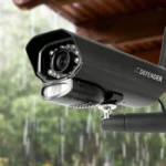 Outdoor security camera under rain protection.