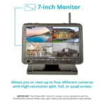 7-inch monitor displaying four camera views.