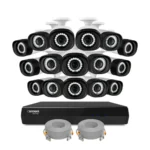 Security camera system with cables and recorder.