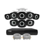 Security camera system with cables and recorder.