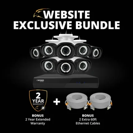 Security camera bundle with warranty and cables.