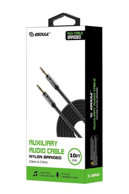 Black nylon braided auxiliary audio cable box.