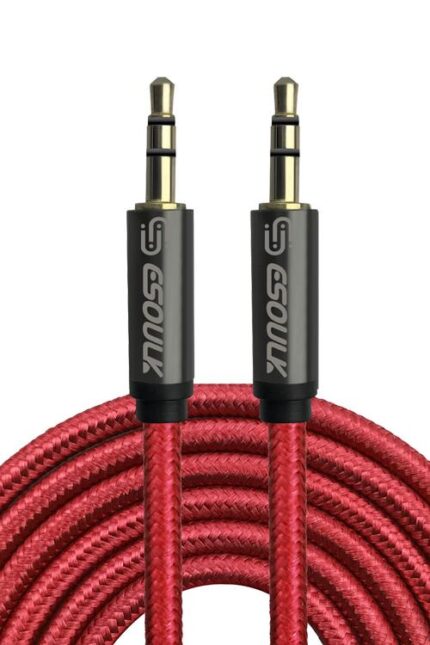 Red braided audio cable with metal connectors.