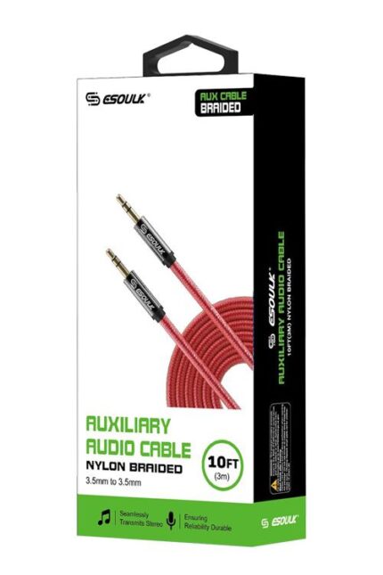 Red nylon braided auxiliary audio cable packaging.