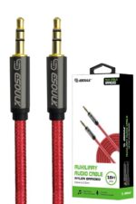 Red nylon braided auxiliary audio cable.