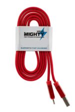 Red fast-charging cable with USB connectors.