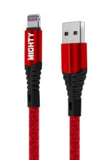 Red USB to Lightning charging cable.