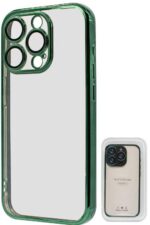 Green phone case for triple-camera smartphone.