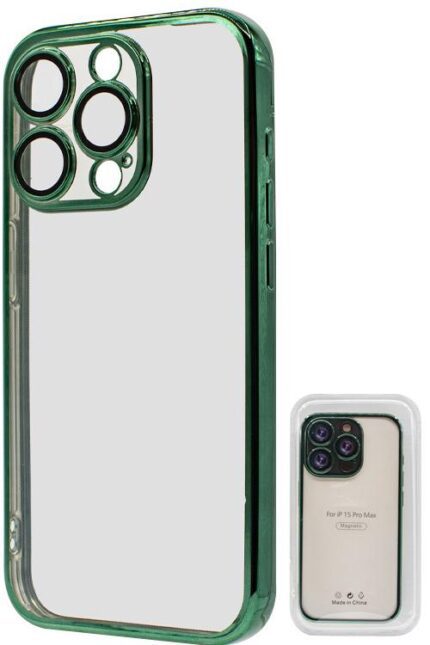 Green phone case for triple-camera smartphone.