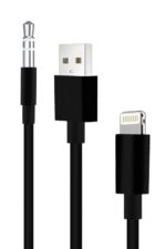 USB, lightning, and audio cables on display.