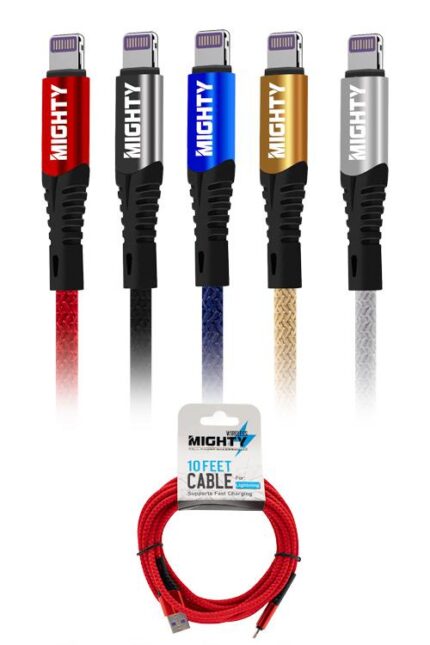 Colorful charging cables with packaging displayed.