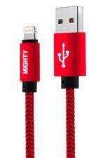 Red braided USB to Lightning cable.