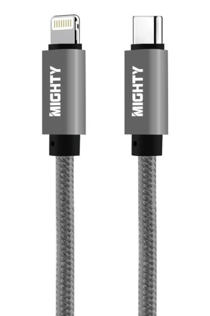 Gray USB-C to Lightning charging cable.