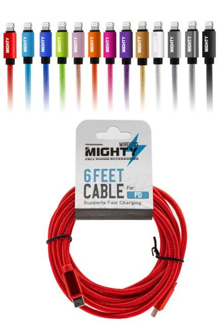 Colorful charging cables with red cable packaging.