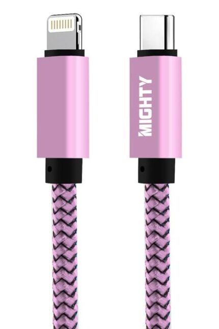 Pink braided USB-C to Lightning cable.