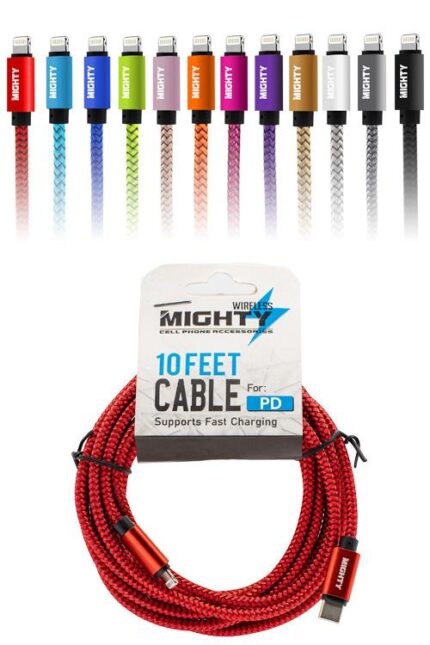 Colorful charging cables and packaging display.
