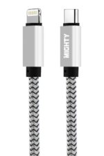 Braided USB-C to Lightning charging cable.