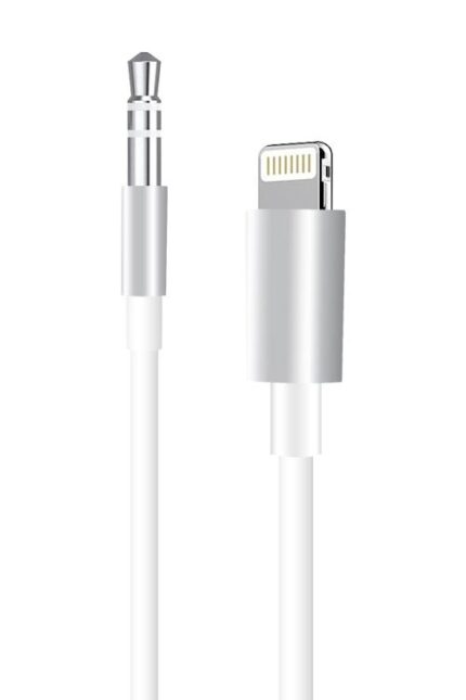 Audio and lightning cable connectors isolated white.