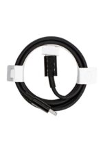 Black charging cable coiled with white clips.