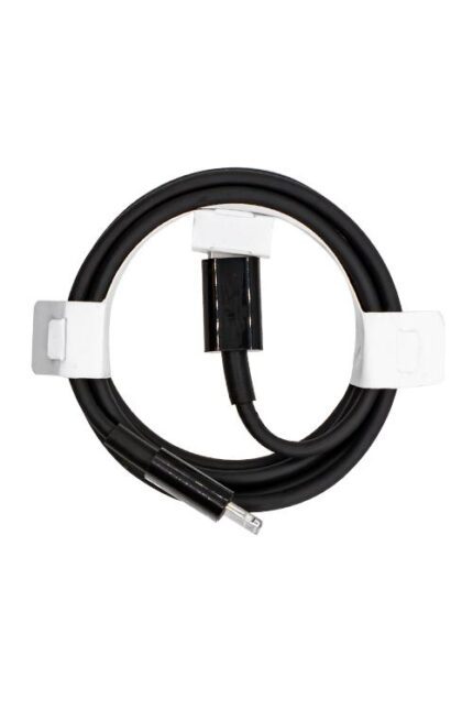 Black charging cable coiled with white clips.