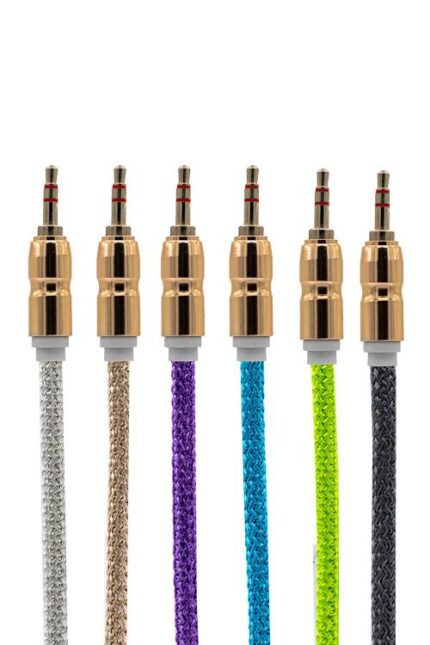 Colorful braided audio cables in a row.