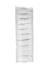 Stack of white plastic forks in packaging.