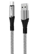 Silver braided USB-C to USB cable.