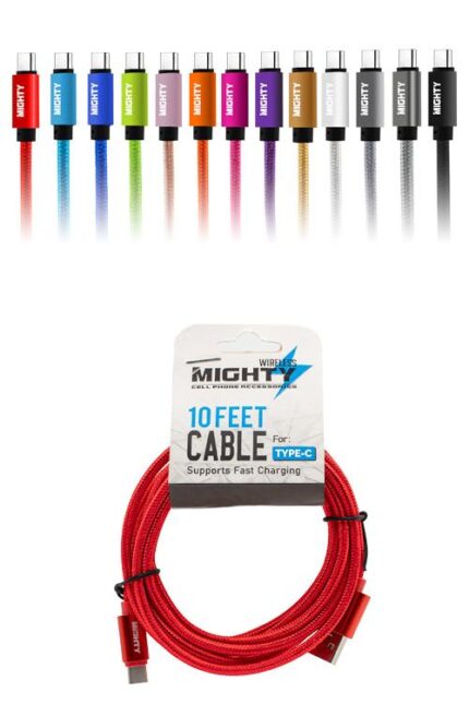 Colorful USB-C cables, red cable packaging shown.