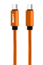 Orange braided USB-C cable with connectors.
