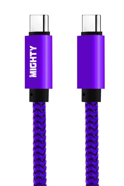 Purple braided USB-C charging cable, labeled "Mighty".