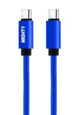 Blue braided USB-C cable with connectors.