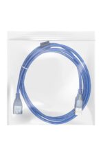 Blue USB cable in clear plastic packaging.