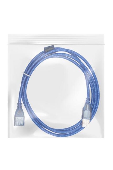 Blue USB cable in clear plastic packaging.