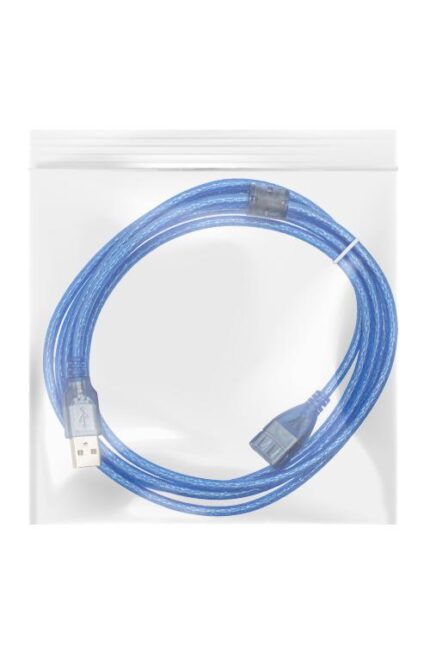 Blue USB cable in clear plastic bag.