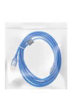Blue USB cable in plastic packaging.