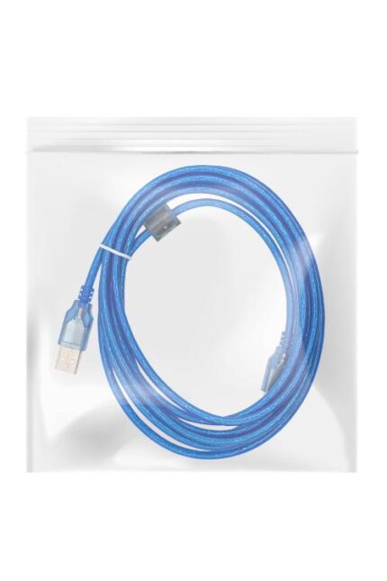 Blue USB cable in plastic packaging.