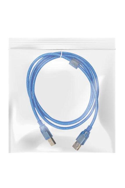 Blue USB cable in clear plastic bag.