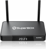 Black SuperBOX S4PRO streaming device, two antennas.