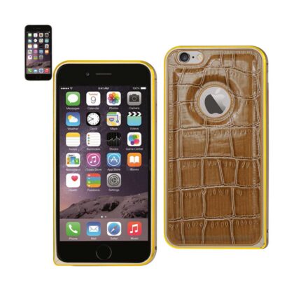 iPhone with a yellow case and a textured brown phone cover.