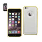 A smartphone with a yellow protective case shown front and back.