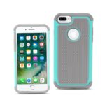 Rugged phone case with teal and gray design for iPhone.
