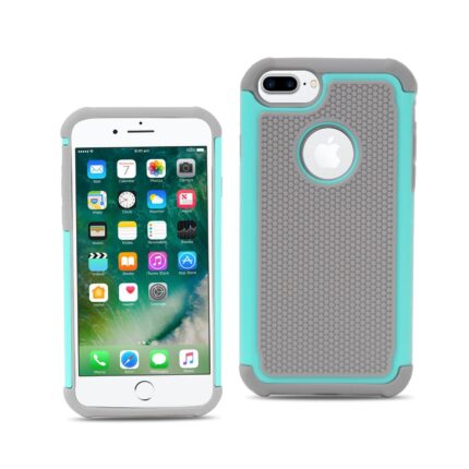 Rugged phone case with teal and gray design for iPhone.