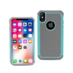 Smartphone with a colorful screen and a protective gray and teal case.