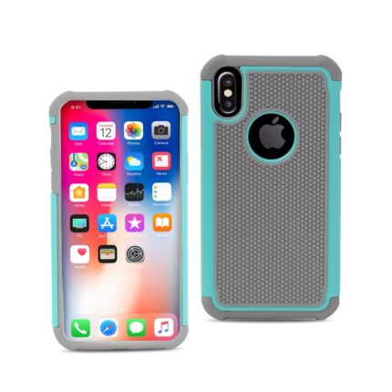 Smartphone with a colorful screen and a protective gray and teal case.