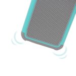 Close-up of a vibrating modern device with a textured surface and teal border.