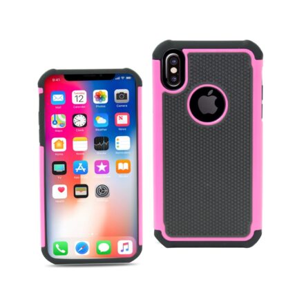 Smartphone with a black and pink protective case shown from front and back.