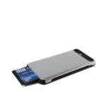 A sleek external card reader with an inserted SD card.