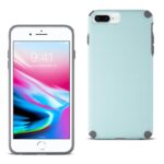 Front and back views of a white smartphone with a blue protective case.